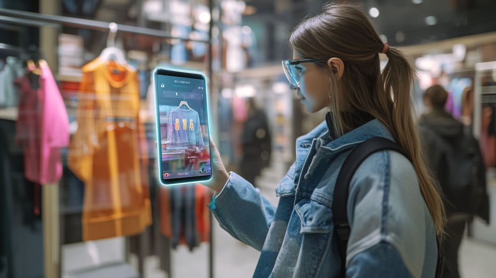 A young woman uses a digital tablet to explore virtual clothing options in a modern retail setting, showcasing the integration of technology in shopping.